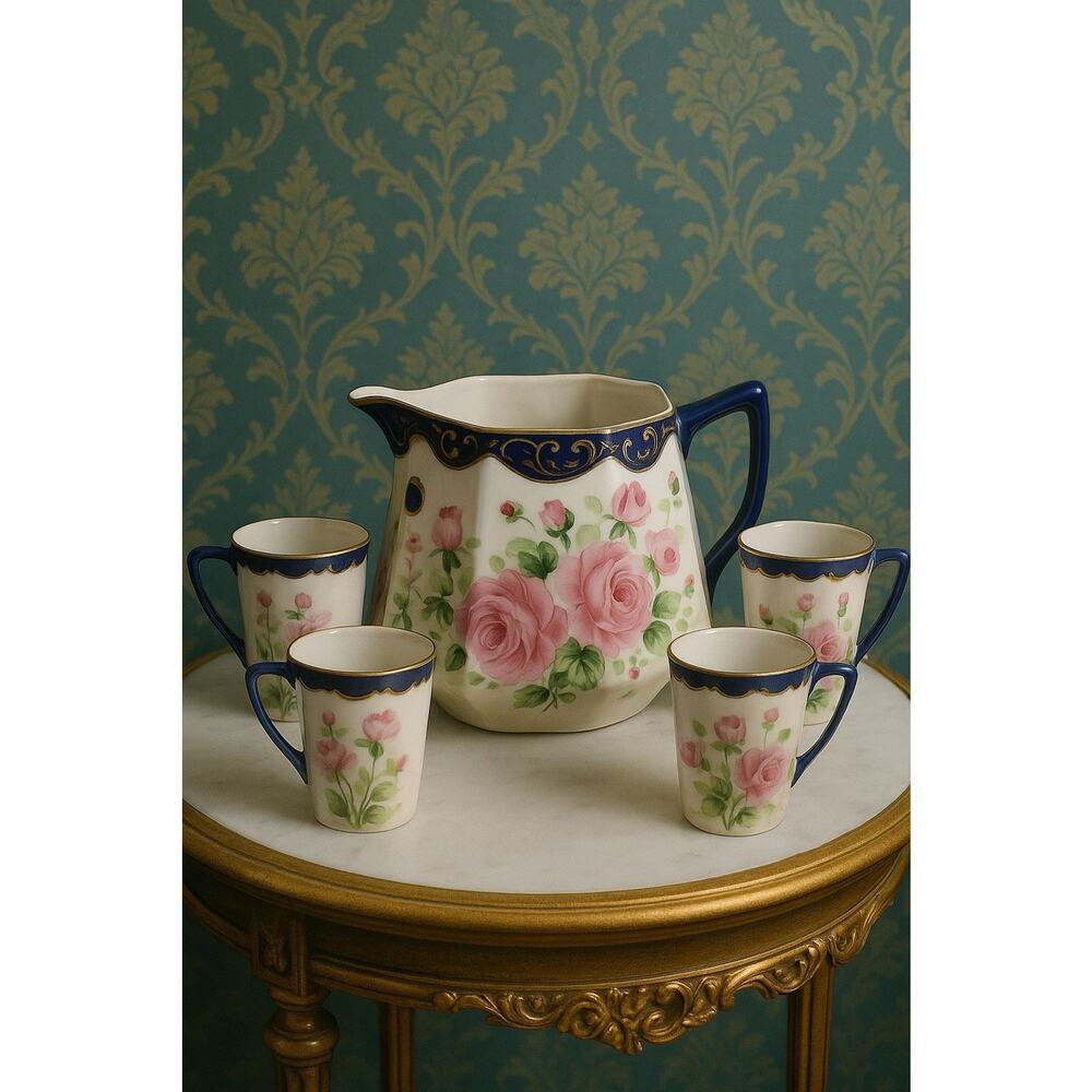 Antique TE-OH Nippon (Japan) Hand Painted China Lemonade Pitcher w/4 Glasses